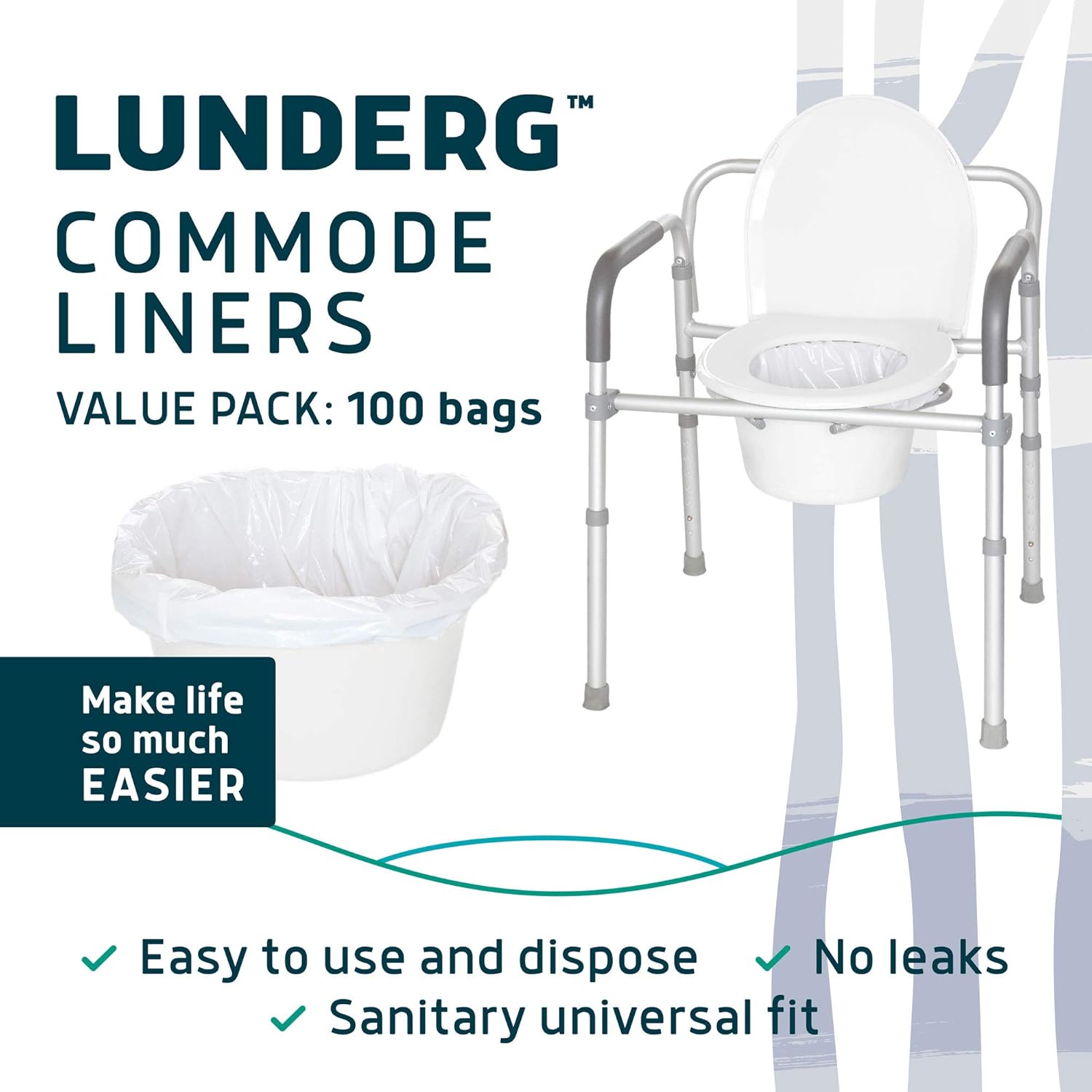 Lunderg Commode Liners - Value Pack 100 Count Universal Fit - Medical Grade Bedside Commode Liners Disposable for Adult Commode Chair, Portable Toilet Bags or Camping Toilet Bags: Health & Personal Care
