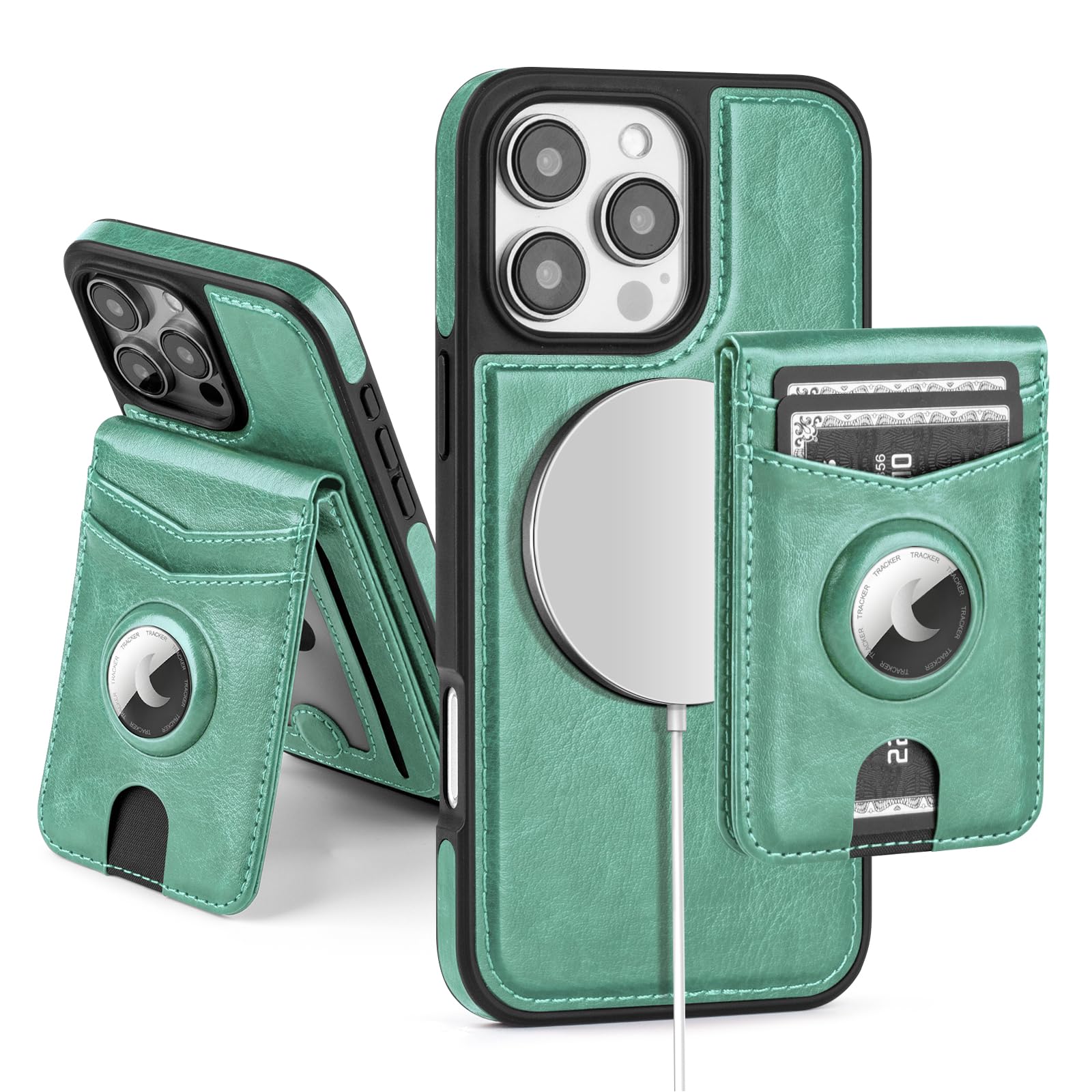 SkyEagle Compatible with MagSafe iPhone 16 Pro Case Wallet with AirTag Holder,2 in 1 PU Leather Magnetic Detachable RFID Blocking Credit Card Holder Flip Cover Kickstand for Men Women,Blue Green