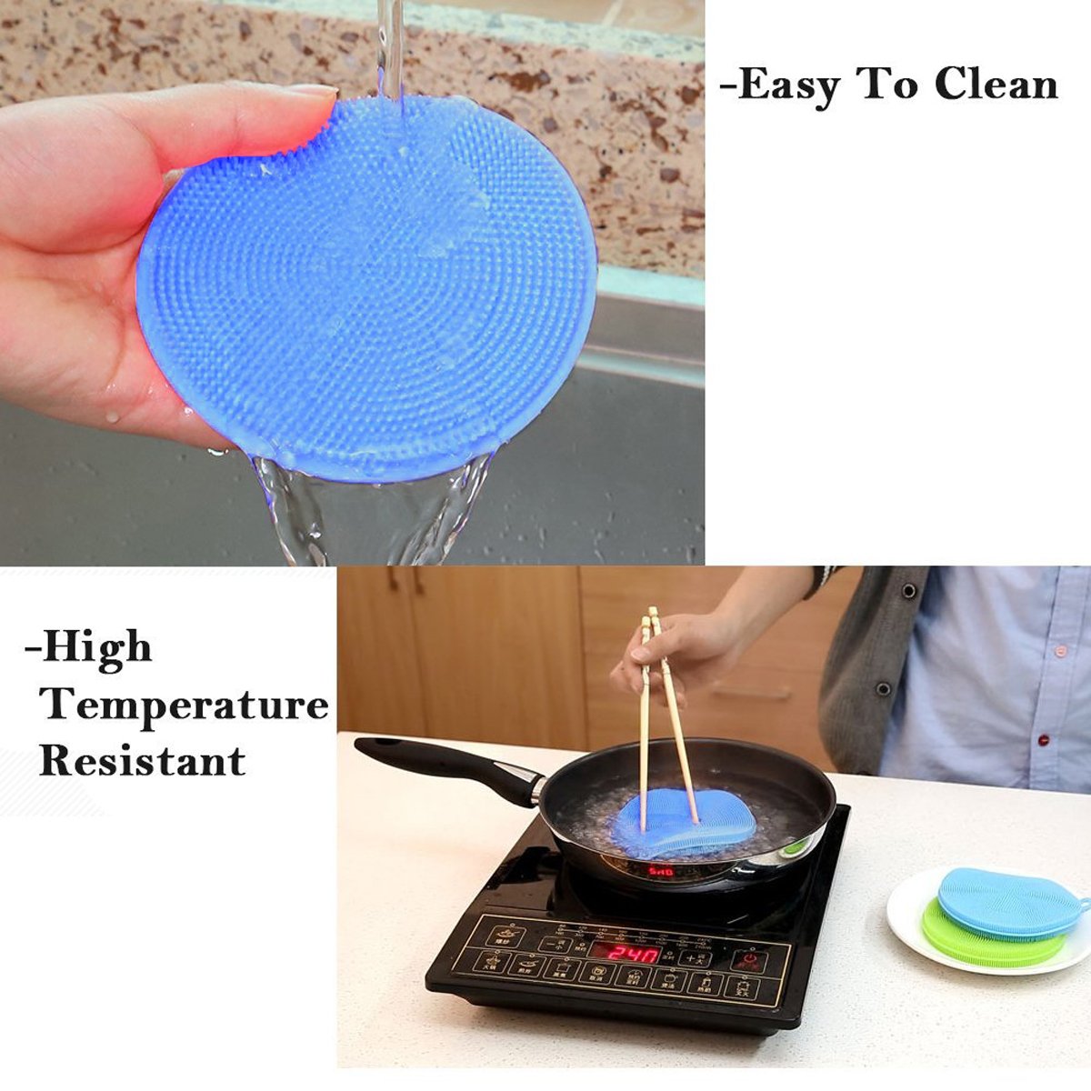 Silicone Sponge, WanJi Multipurpose Cleaning Brush: Scrubber Pad for Body&Face, Dish Washing Sponge for Glassware, Dinner Plates, Non-stick Pan, Fruit and Vegetables, Bonus 2 Dish Cloth Towel - Blue&G
