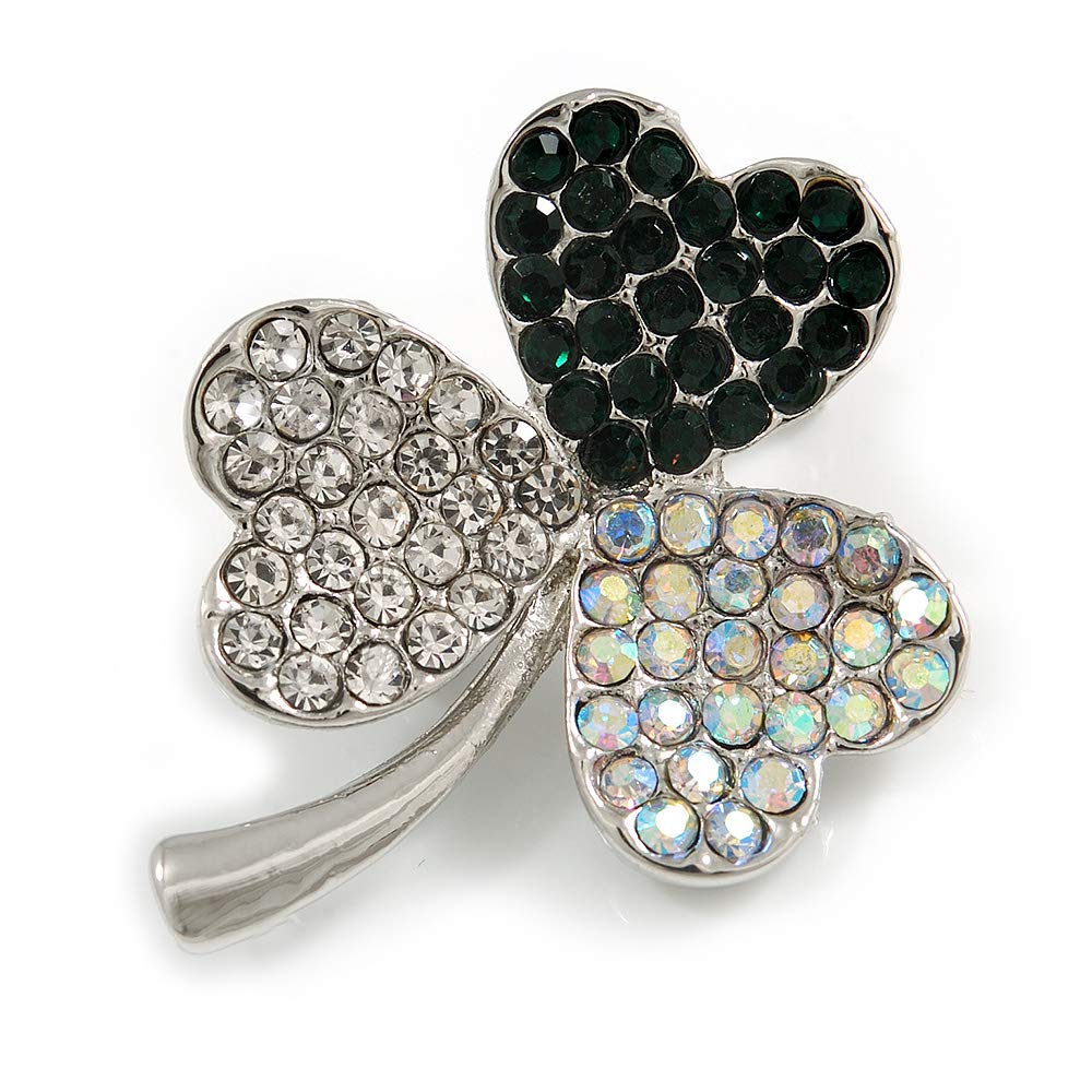 Clear/AB/Dark Green Crystal Clover Leaf Brooc In Silver Tone - 35mm Tall