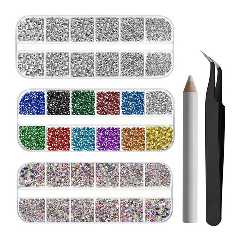 Hsthe Sea 5256 Pieces Flat Back Rhinestones Nail Crystals Rhinestones for Nails Set Mix 12 Colours and 6 Sizes for Crystal White and Crystal White AB