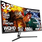SANSUI 32-Inch Curved Gaming Monitor WQHD 2560 x 1440 180Hz Curved 1500R -Fast VA,1ms(OD), HDR, 300nits, sRGB 125%, DCI-P3 95%, FreeSync, HDMI x2, DP1.4x2(DP Cable Included)
