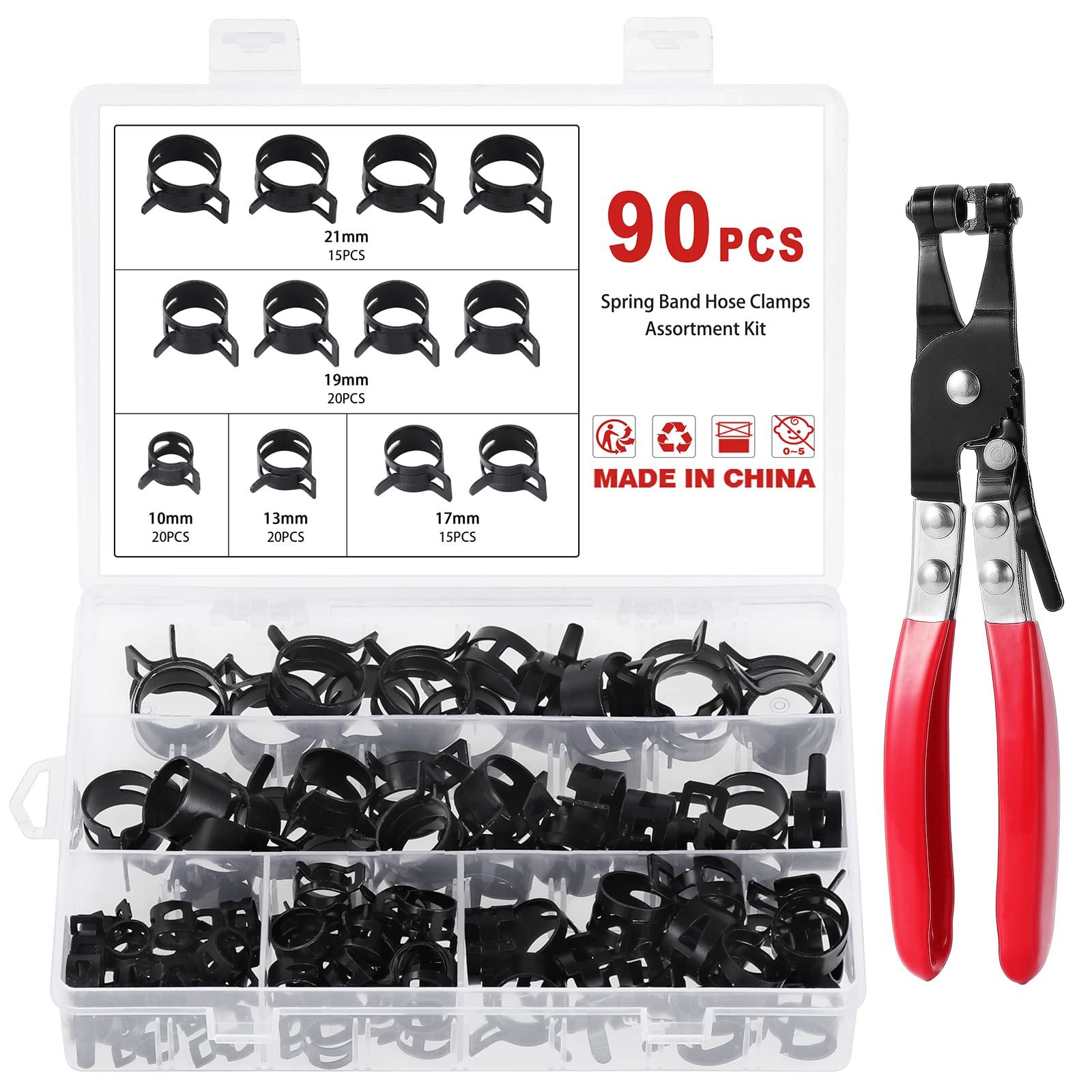 Faankiton 90PCS 5 Sizes 10-21mm Fuel Line Hose Clips Water Pipe Air Tube Silicone Vacuum Hose Clamp Fastener Assortment Kit, Fuel Line Clamps, Spring Hose Clamps with a Hose Clamp Pliers (Black)