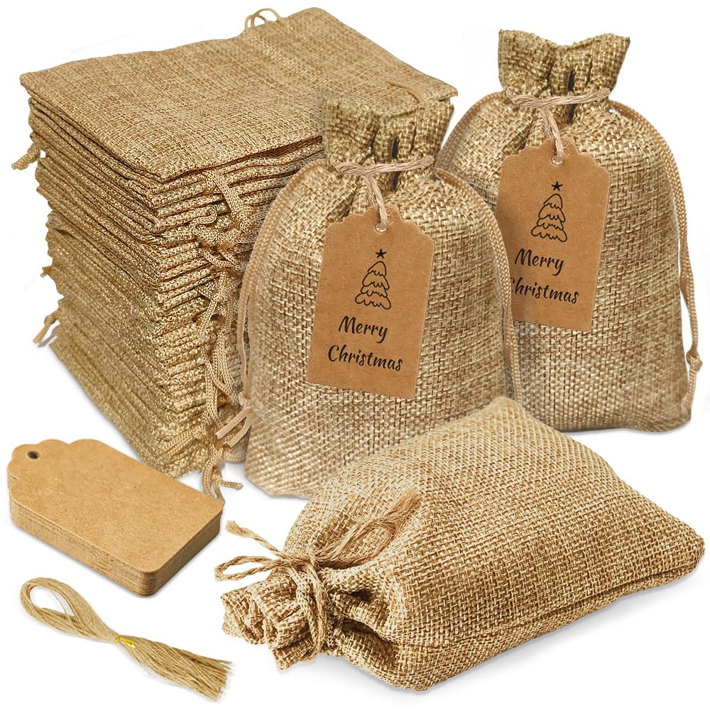 30 Pcs Jute Bags with Drawstring,10X14CM Palm-sized Gift Bags for Small Jewellery Sweets, Hessian Bag Resusable Sack Burlap Drawstring Wedding Favour Fabric Sack Gift Bags with DIY Tags