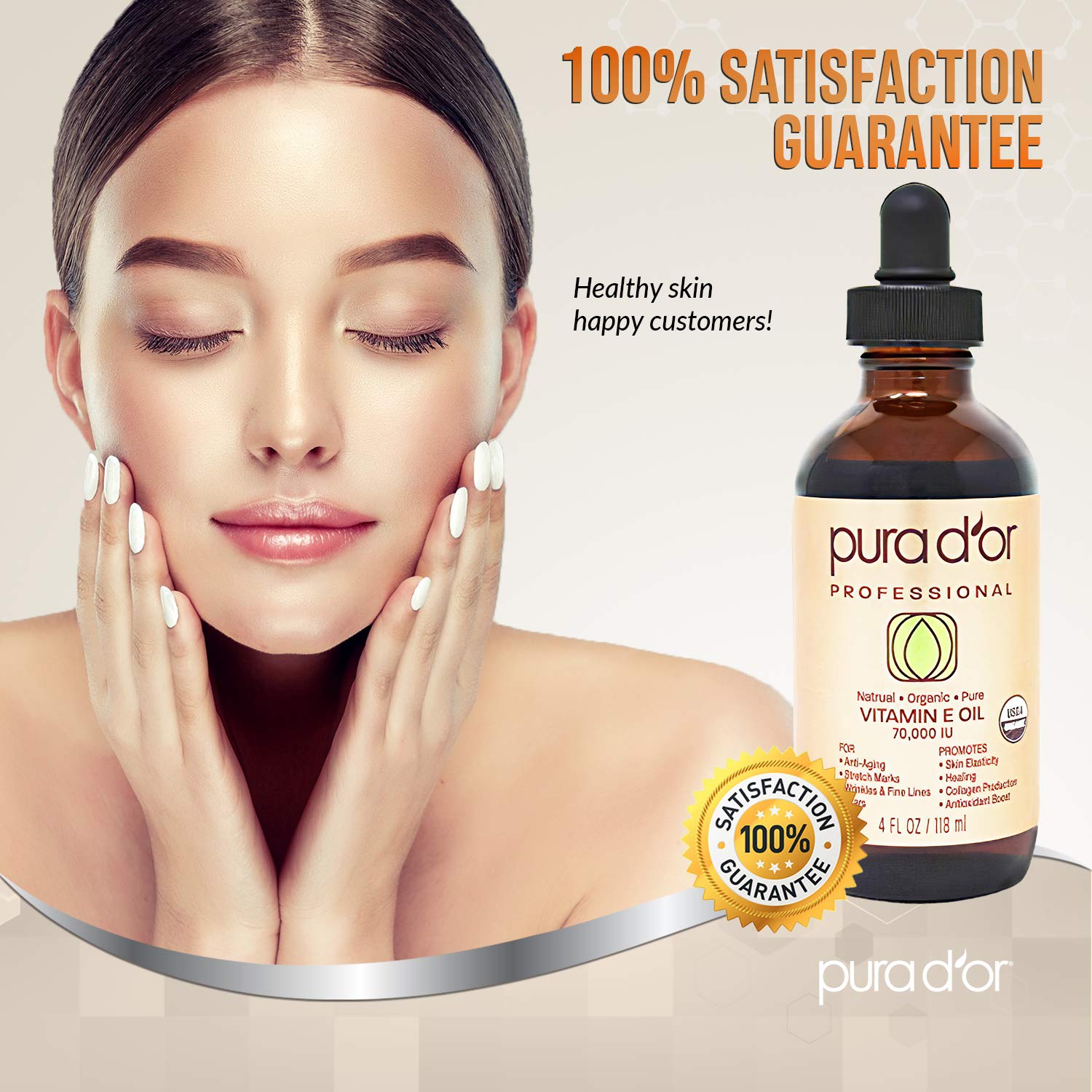 PURA D'OR Organic Vitamin E Oil (4oz / 118mL) 70,000 IU 100 Pure