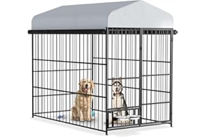MilleLoom Large Outdoor Dog Kennel with Roof, Heavy Duty Outdoor Dog Crates with Stainless Steel Bowls, Secure Lock,Dog Fence