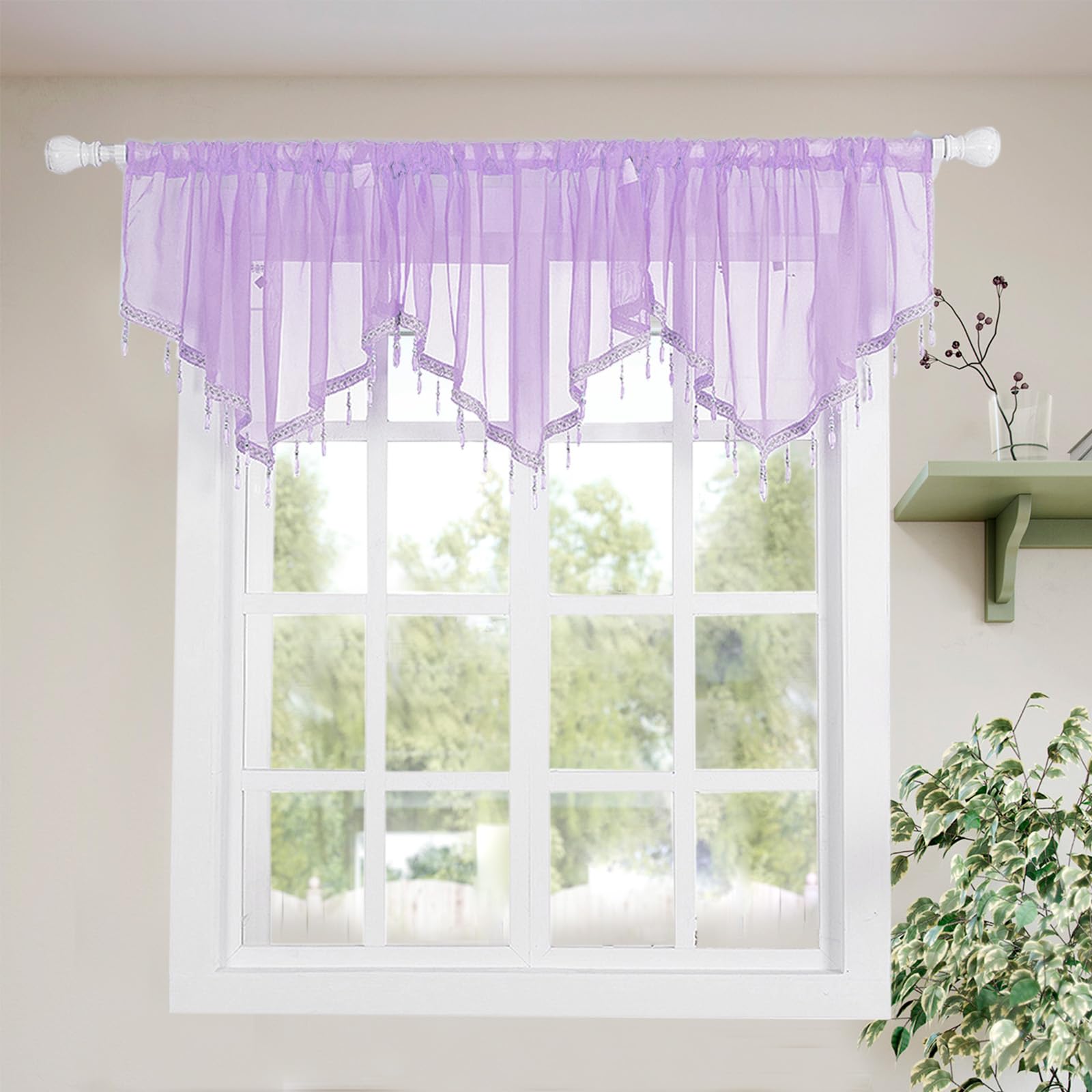 Molaxhome Lace Valance Swag Curtain 51 Inch Scalloped Sheer Curtain Panels with Crystal Beads - Rod Pocket Farmhouse Window Treatment for Kitchen Bedroom 1pc Boho Chic Drape Decor purple