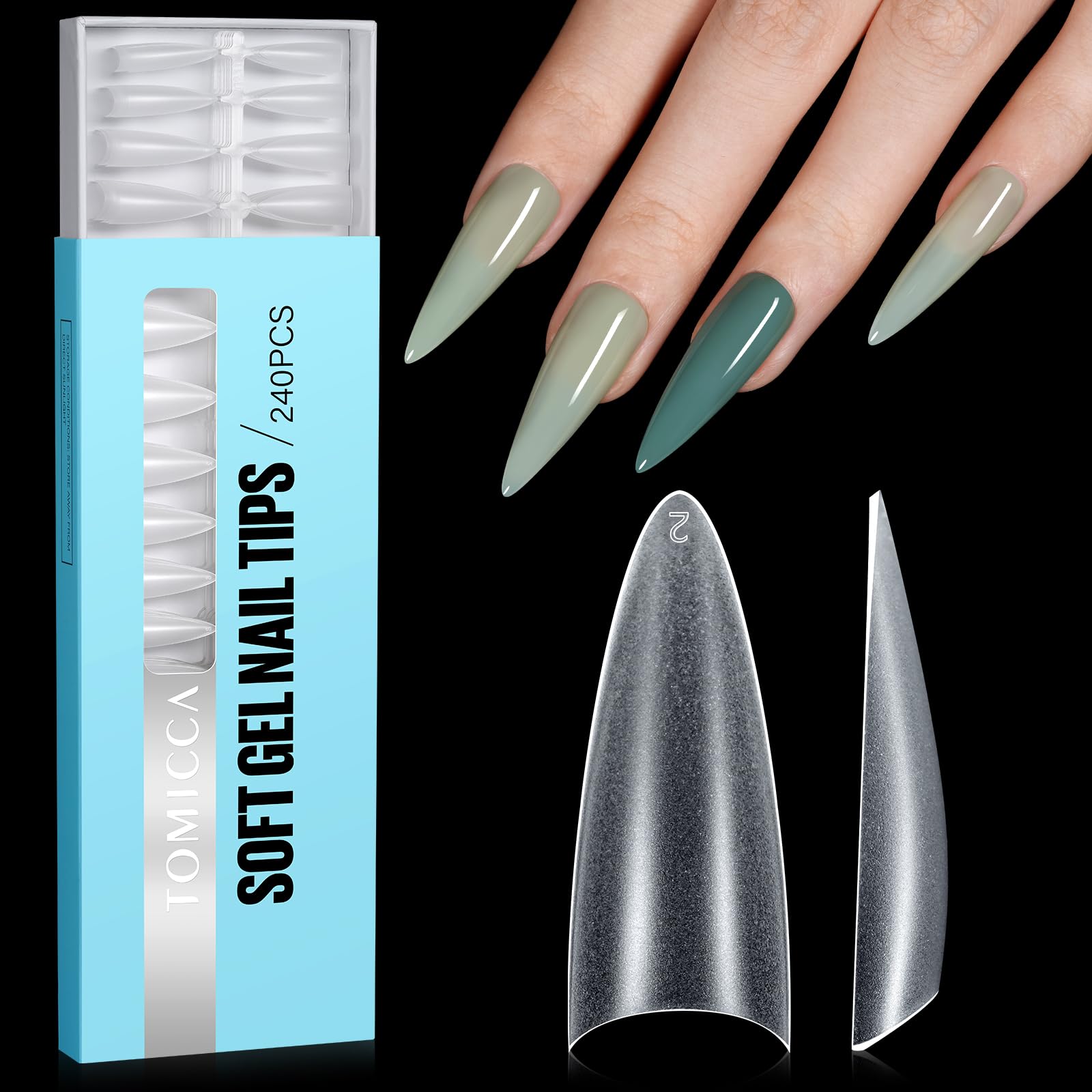 TOMICCA Medium Almond French Edge Nail Tips - 240pcs Half Cover False Nails, 15 Sizes Acrylic & Gel Extensions for Salon & Home DIY