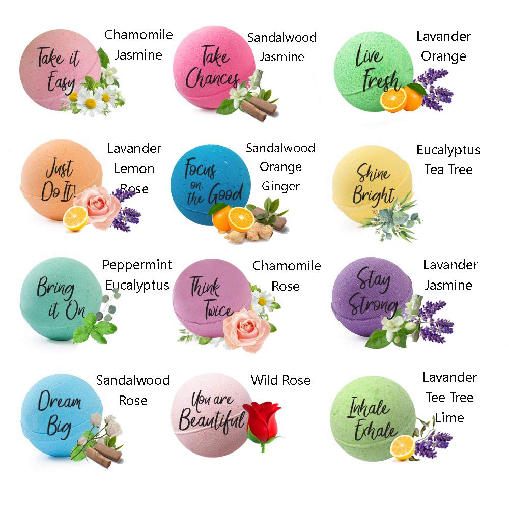 Bath Bombs for Women Relaxing with Inspirational Messages, 12 Natural and Organic Bath Bombs with Essential Oils & Skin Moisturizing Shea Butter. Birthday Gift, Appreciation Gift for Wife Girlfriend