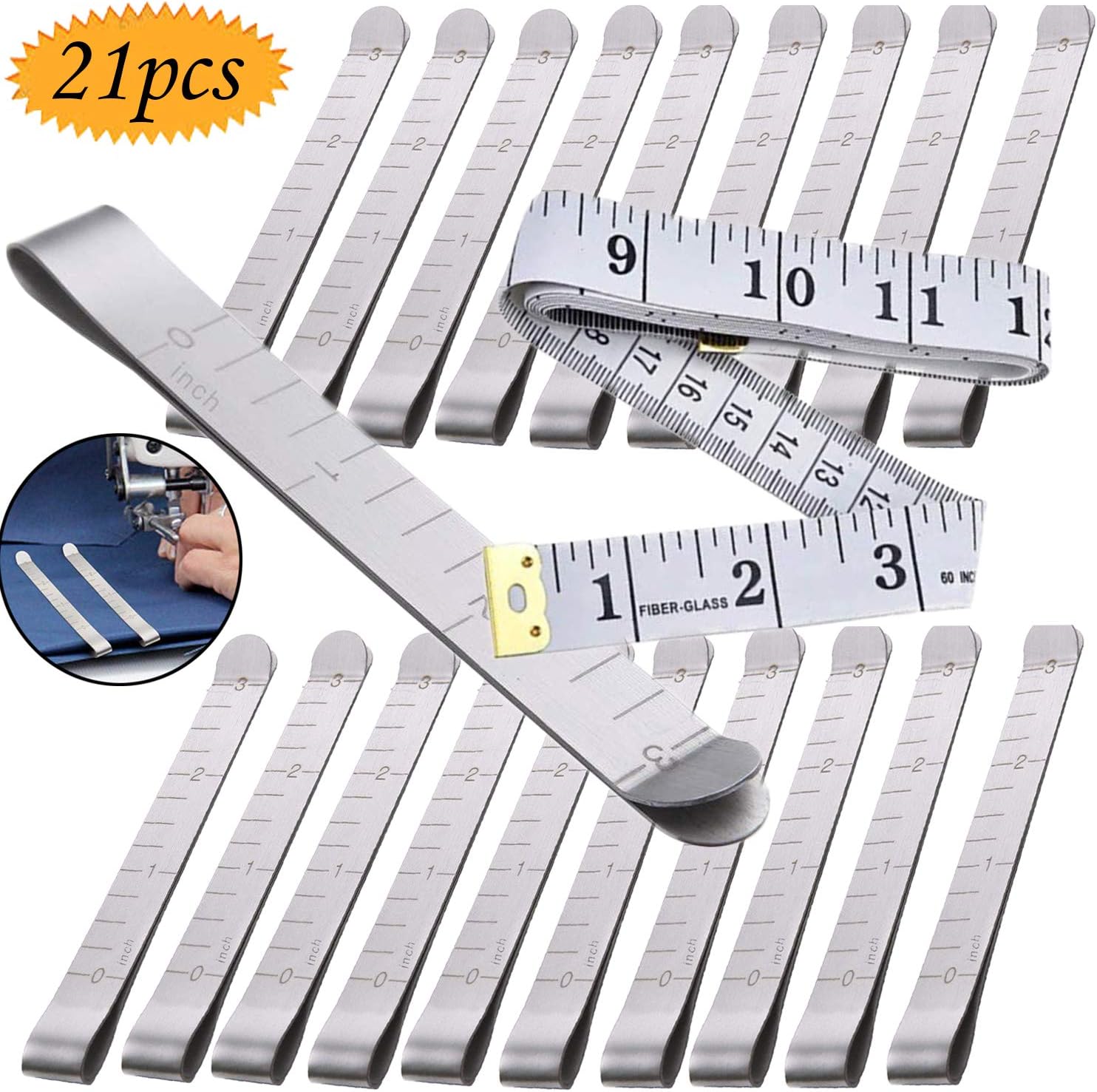 Sewing Clips, bluesees 20 Pack Stainless Steel Clips for Sewing Sets with 1 Tape Measure, 3 inches Hemming Clips Measurement Ruler Quilting Supplies for Wonder Clips Pinning and Marking Accessories