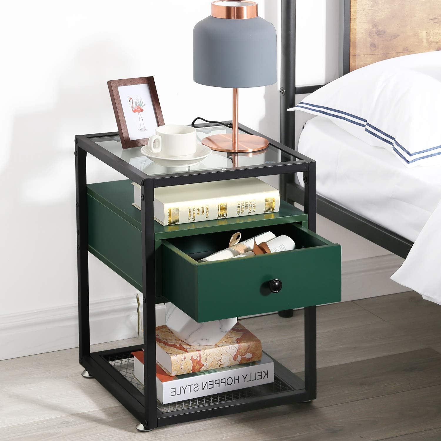 VECELO Nightstand, Tempered Glass End Table, Cabinet with Drawer and Rustic Shelf Decoration in Living Room,Bedroom,Lounge, Green: Home & Kitchen