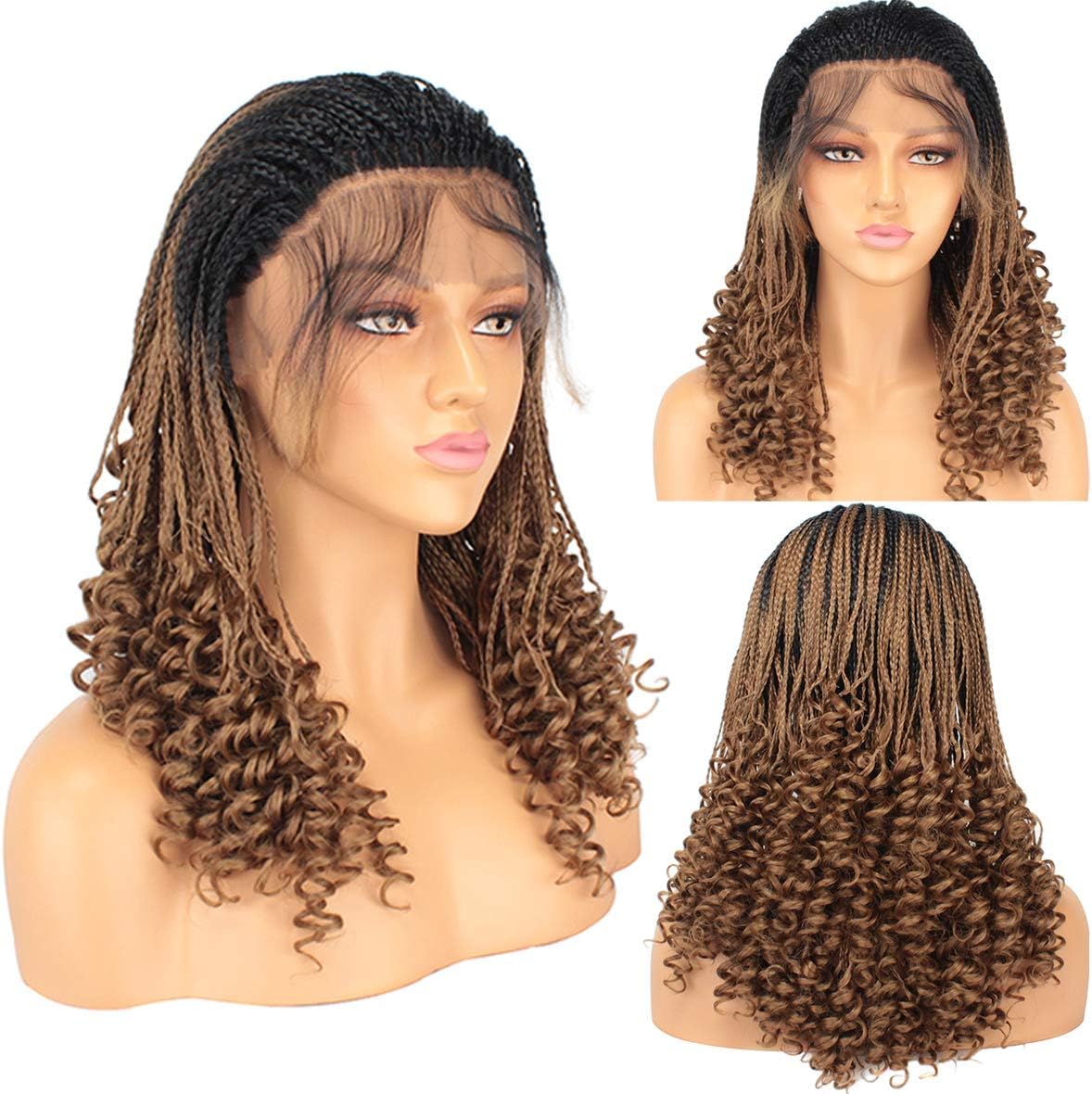Leeven 20 Inch Micro Braids Wig With Curly End Lace Front Wig 1B27 Braiding Styles Cornrows Half Box Braided Wigs Synthetic African Hair for Black Women with Baby Hair