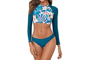 Long Sleeve Swimsuits for Women Two Piece Bikini Set Rash Guard Bathing Suit Long Sleeve Swimwear Crop Top Teen