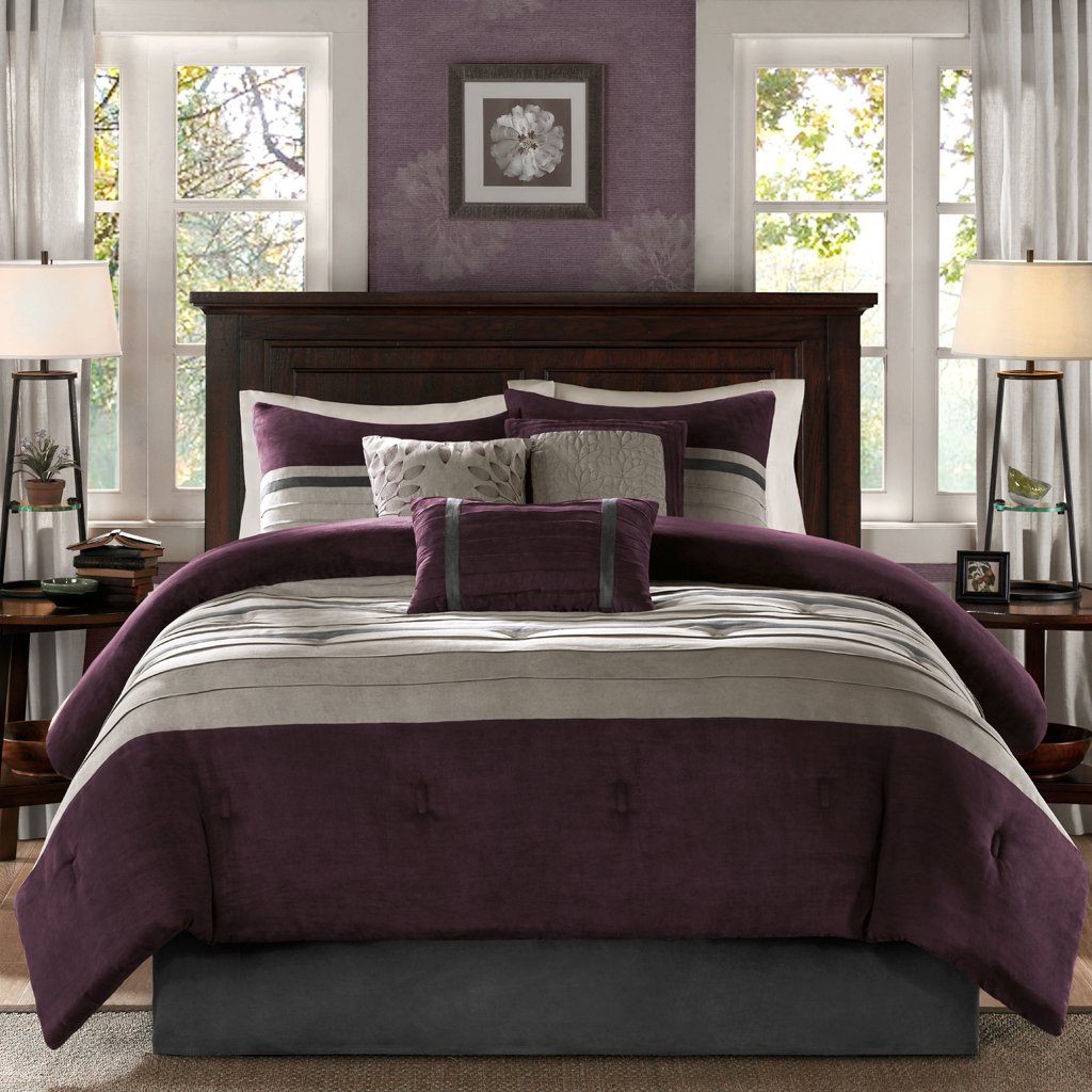 Madison Park - Palmer 7 Piece Comforter Set - Plum - Queen - Pieced Microsuede - Includes 1 Comforter, 3 Decorative Pillows, 1 Bed Skirt, 2 Shams