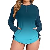Plus Size Rash Guard for Women Long Sleeve UV Sun Protection Shirts UPF 50+ Swimsuit Tops with Zip Pockets