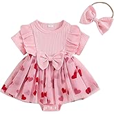 Doqcey Newborn Baby Girl Valentines Outfit Ribbed Heart Romper Dress Tulle Bowtie Bodysuit Headband Infant Girl Dresses