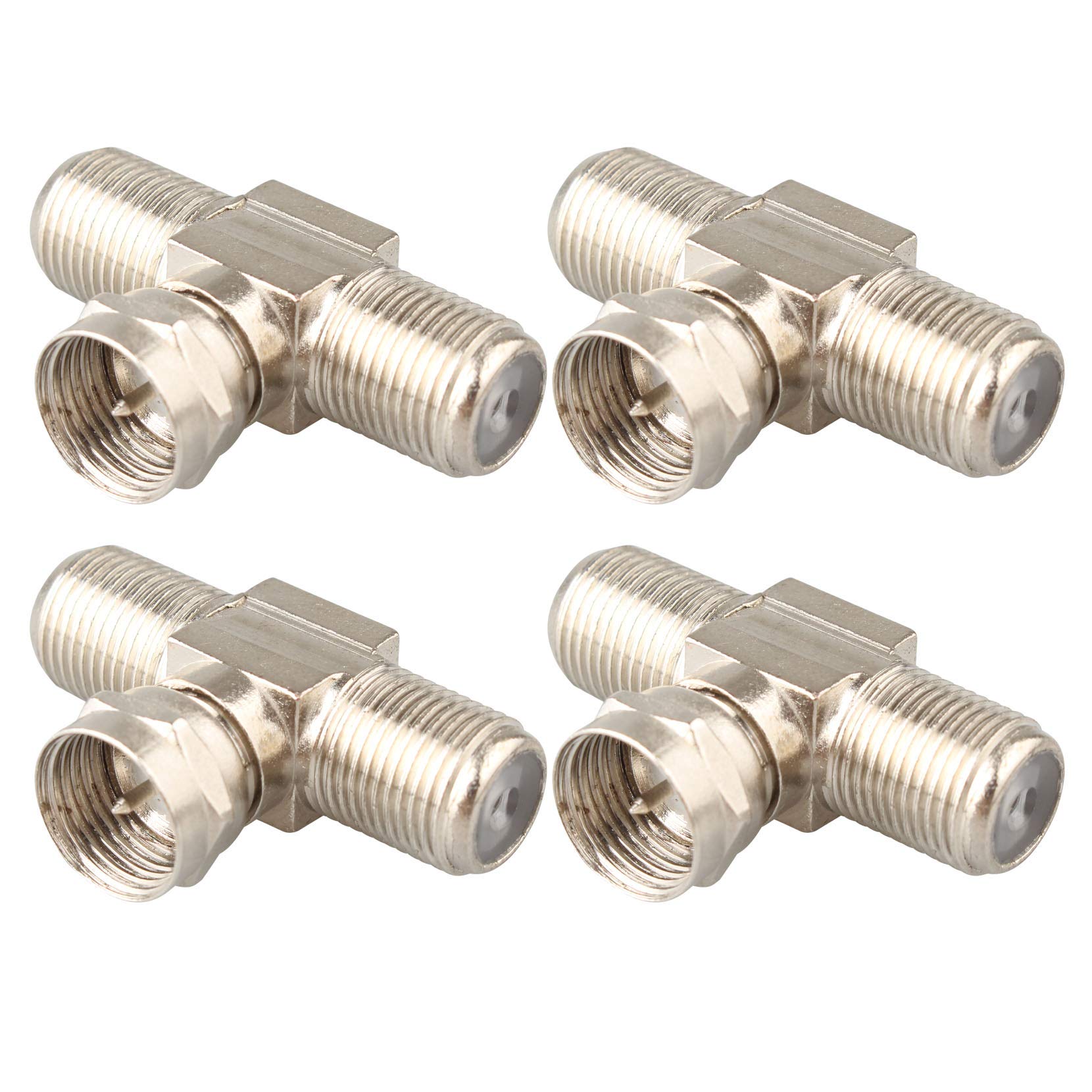 Jopto 4PCS F-Type RG6 Male to 2 Female 3-way Coax Cable Splitter Adapter Connector F Connectors Satellite Cable Connectors Indoor Tv Aerial F Male to 2 F Female Jack RF Coaxial Adapter Connector