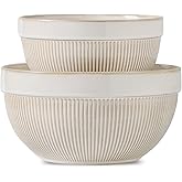 TEAKISS Ceramic Large Yellow Stripe Mixing Bowls for Kitchen, Set of 2 Big Serving Bowls for Cooking, Popcorn, Salad, Soup, B