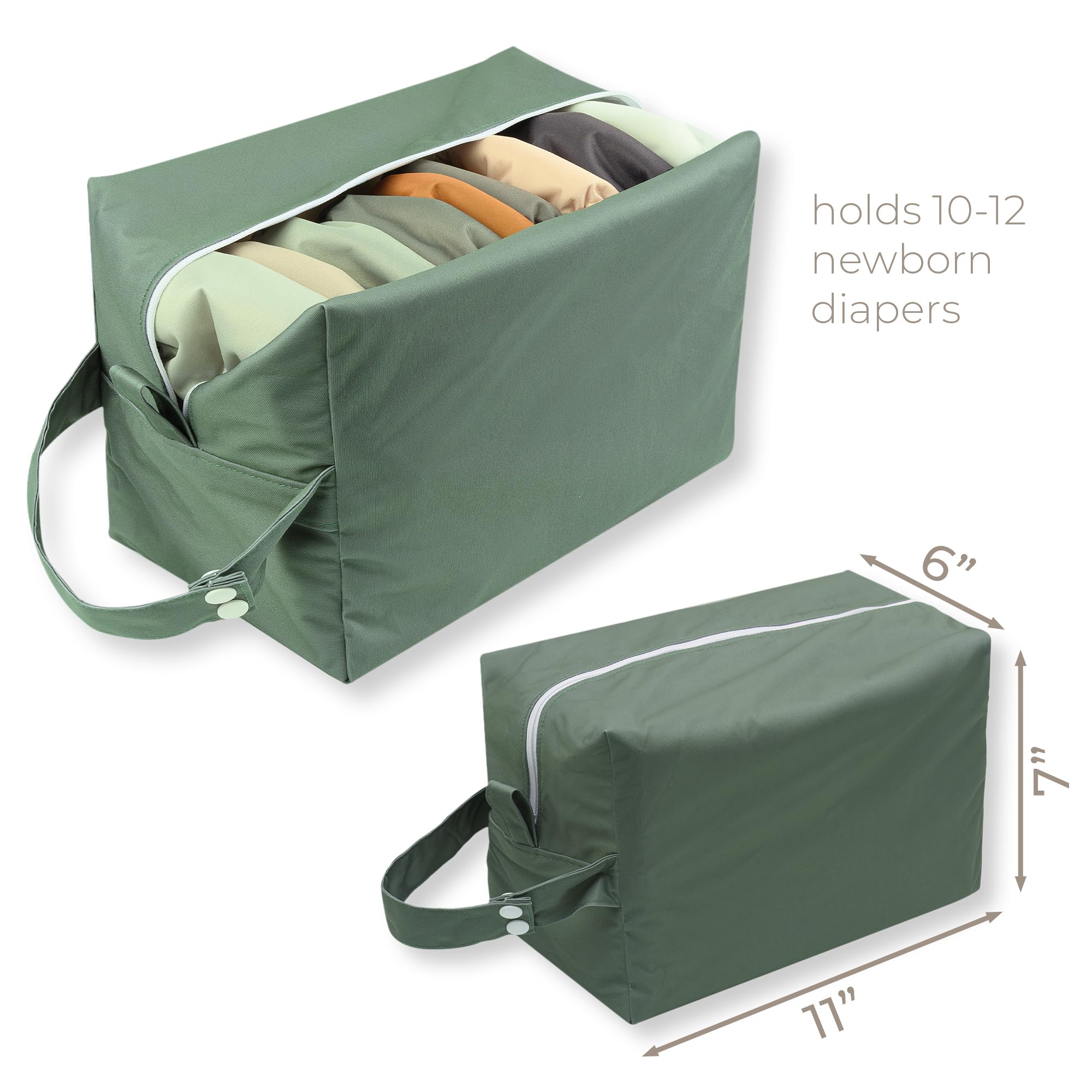 Nora's Nursery Newborn All-in-One Cloth Diaper 14-Pack with Diaper Pod for Clean Storage - Waterproof, Washable, Reusable, and Adjustable for Babies Under 12lbs - Evergreen