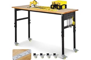 ELITEEDGE 48" Adjustable Workbench, 2000 Lbs Capacity Rubber Wood Heavy Duty Work Table, 29.5"-39.4" Height Adjustable Workbench with Scales, Lockable Wheels & Pegboard, for Garage Workshop Office