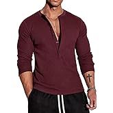 Muscle Cmdr Men's Waffle Henley Shirts Long Sleeve T-Shirt Stylish Casual 5 Button Placket Slim Fit Tee Thermal Underwear