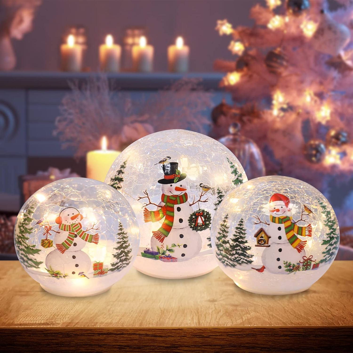Snow Globes - PHITRIC Christmas Decorations Indoor, 3 pcs Sparkling Snowman Globes with LED Lights and Timer, Tabletop Xmas Decor for Fireplace, Table, Home Decor Indoor