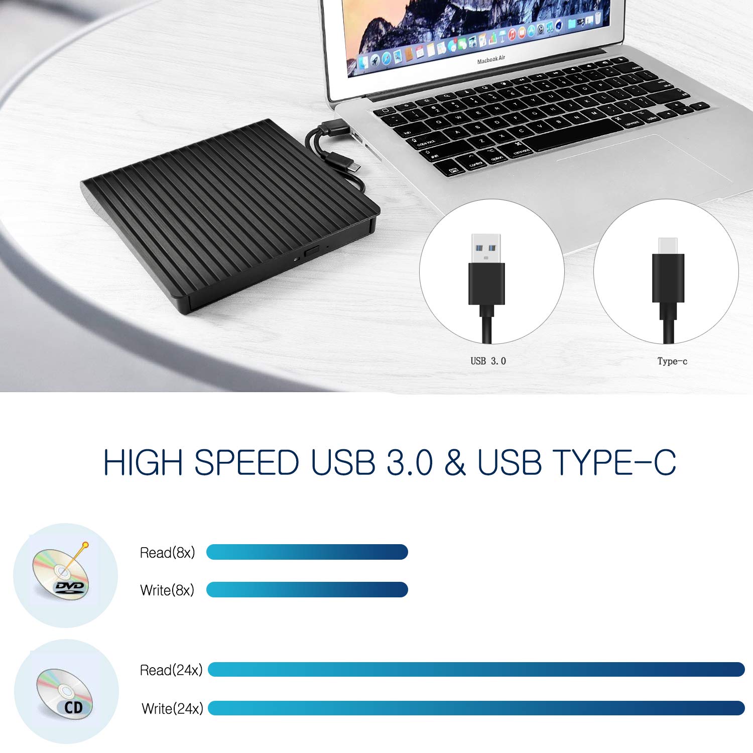 Lecteur de CD/DVD Externe, USB 3.0 Type C Double Port - AMIGIK Graveur d\'enregistreur Optique Portable, Transfert de Données à Grande Vitesse pour Ordinateur Portable PC Mac OS Windows Linux