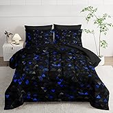 Nttopship Geometric Blue Black Triangle Full Size Comforter Set,Light Honeycomb Bedding Set 7 Piece in A Bag,Bed Sheet Set Geometry Decor,Microfiber Lightweight All Season