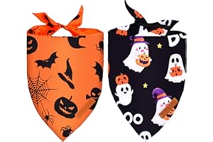 KREYFER 2 Pieces Halloween Dog Bandanas, Double-Sided Reversible Triangle Scarf, Cute Ghost and Pumpkin Design, Spooky Cat and Spider Pattern, Halloween Pet Costume Accessories for Dogs and Cats (Small)