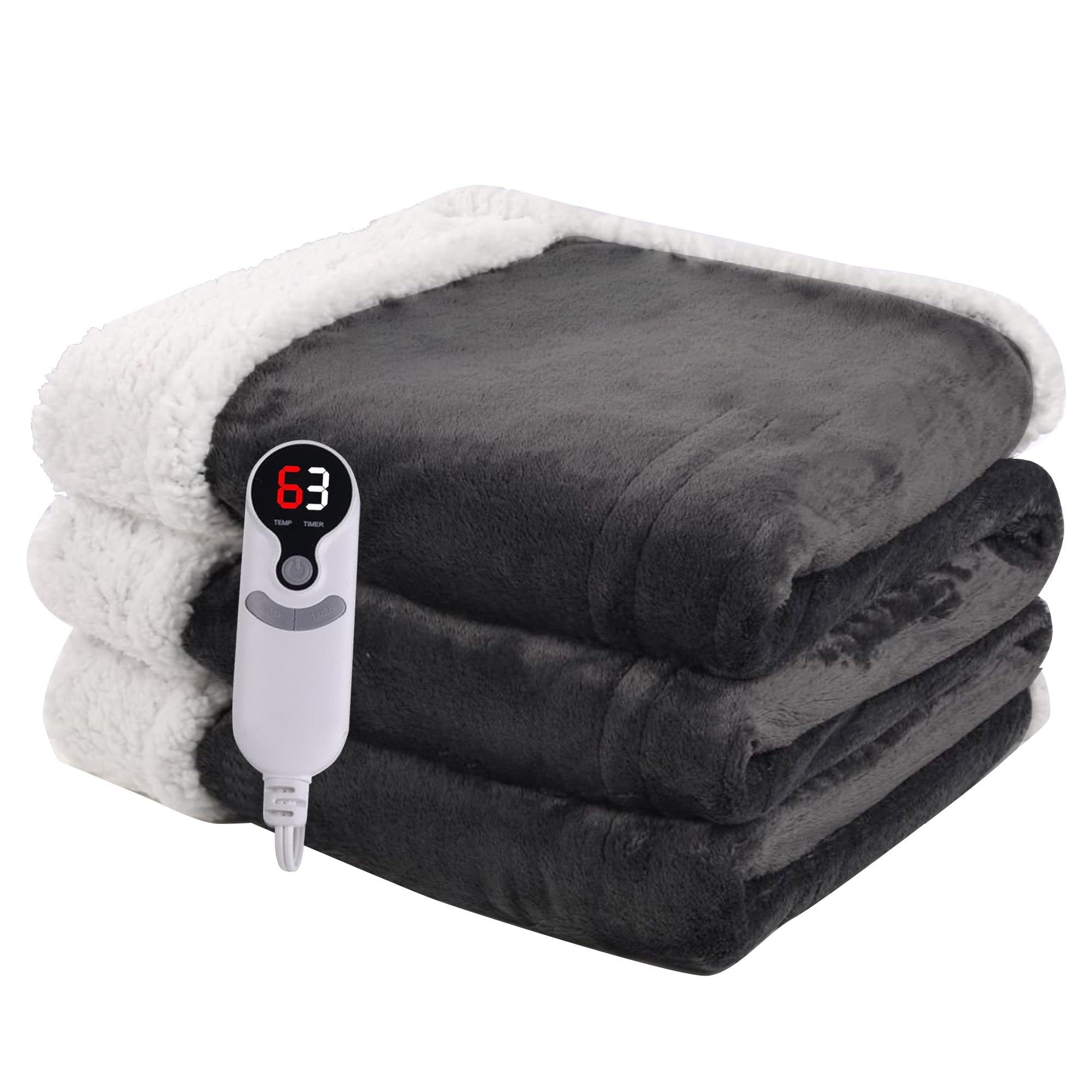 Photo 1 of Heated Blanket Electric Throw Size 50''x60'' with 9 Heating Levels, 1-10 Hour Auto Shut Off, Machine Washable, Flannel & Sherpa Double-Sided Soft Warming Blanket for Couch, Bed, Office - Dark Grey