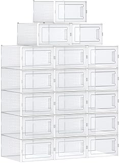 SONGMICS Schuhboxen, 18er Set, Aufbewahrungsboxen für Schuhe, Schuh-Organizer, Kunststoffboxen, faltbar und stapelbar, für Schuhe bis Größe 44, transparent-weiß LSP18MWT