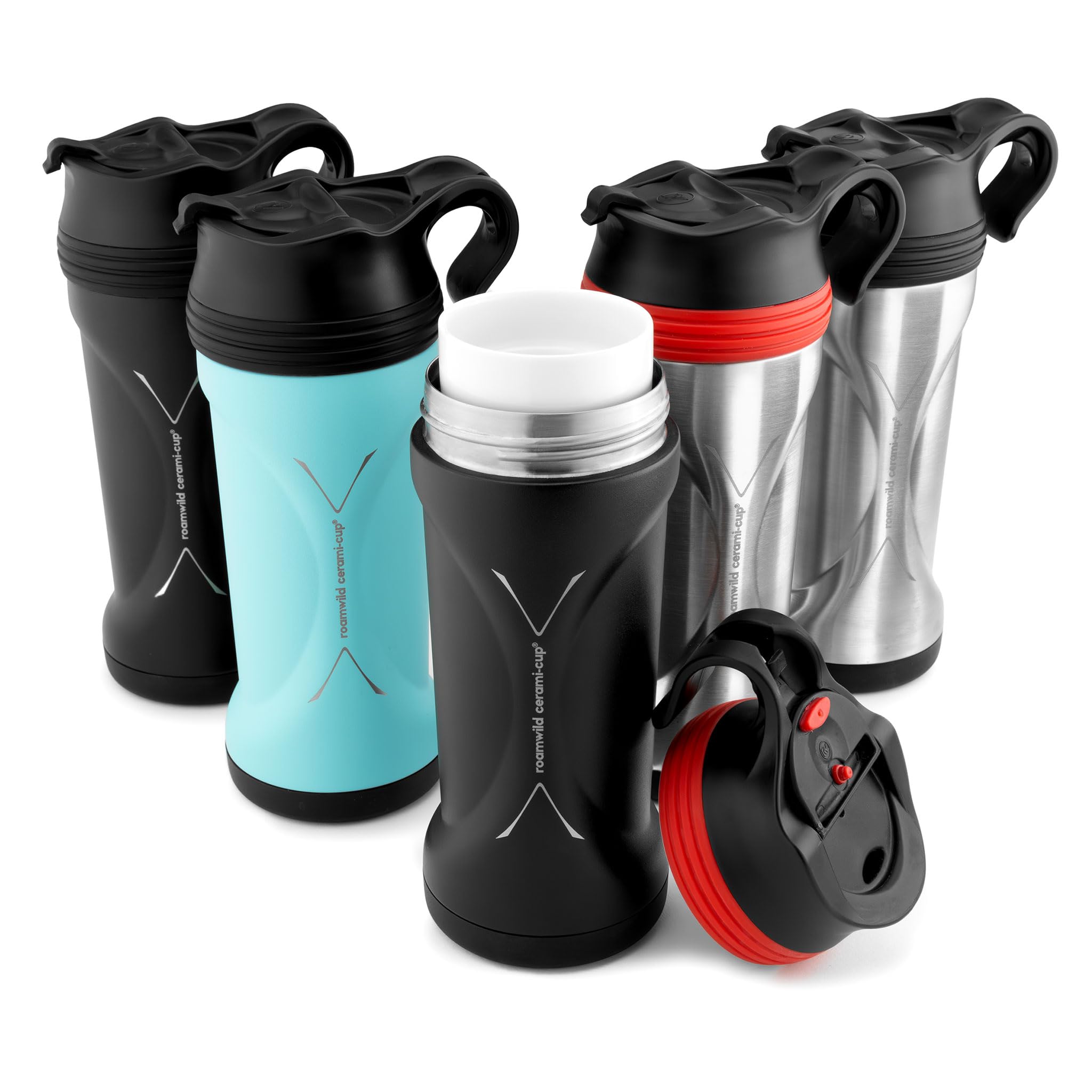 Roamwild Cerami Cup 12oz / 354ml – with Unique Ceramic Fresh Tasting Inner - Quadruple Thermal Insulation Technology Stainless Steel Travel Mug, BPA-Free, Dishwasher Safe (Black & Red)