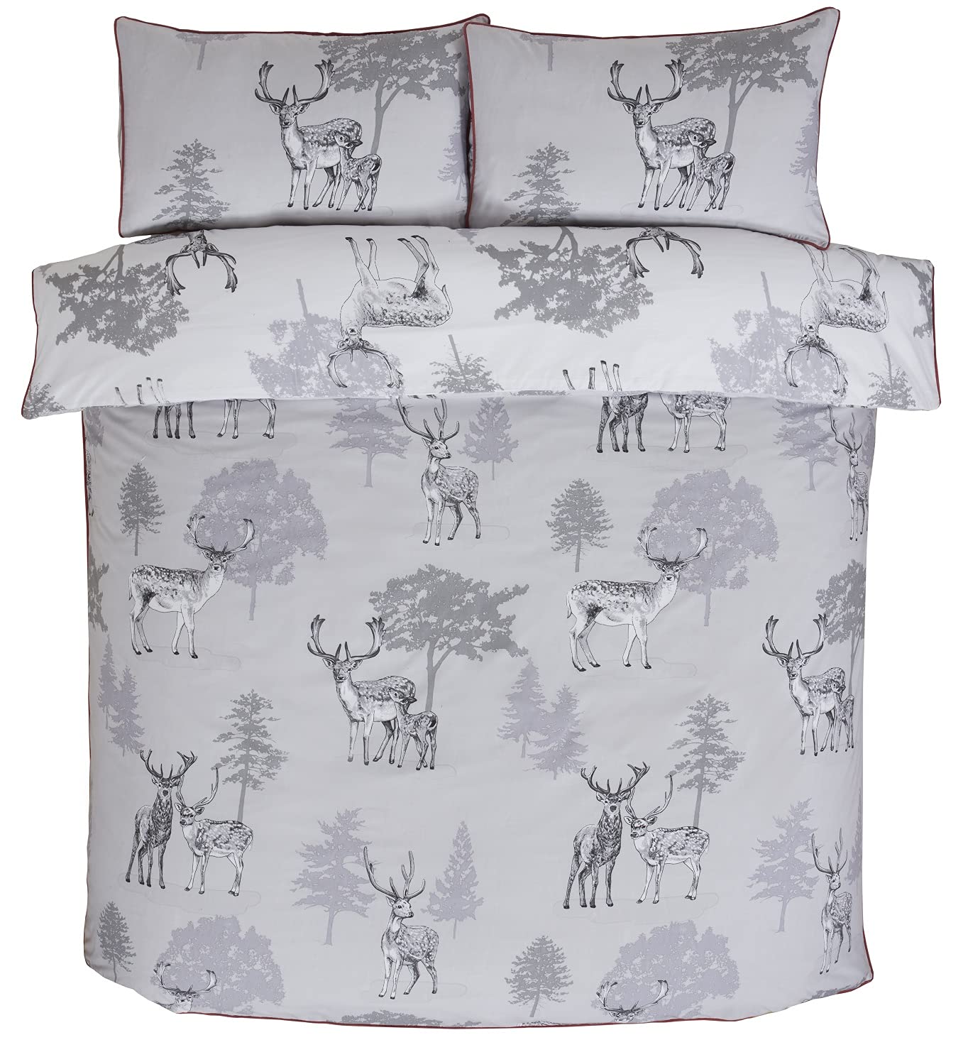 Rapport Home Christmas Woodland Stag Single Duvet Cover Set | Elegant Grey Piped Trim Bedding | 135x200cm 2-Piece Bed Set with Popper Closure | Warm & Cosy Festive Bedroom Decor