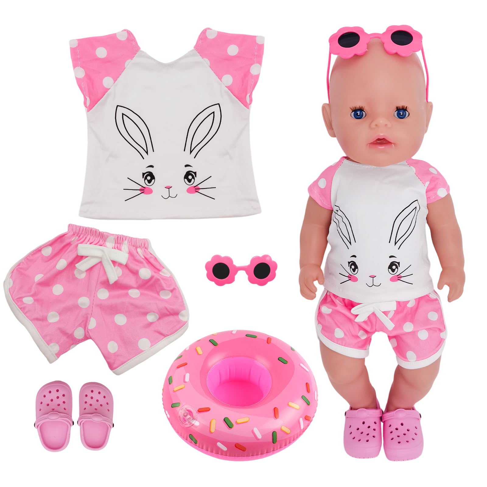 Baby Doll Clothes for 14-18 Inch Doll, Baby Doll Accessories for 35-45cm Dolls, 5Pcs Dolls Clothes with Top and Shorts, Sunglass Slippers, Hanger, Swimming Ring, Pink Doll Clothes for Kids Birthday