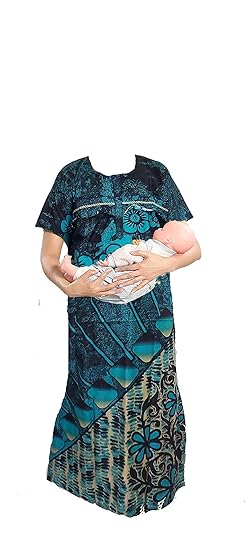 ABB- Feeding Maternity Nighties / 100% Pure Cotton/Size-XL/Green with Black Floral Design