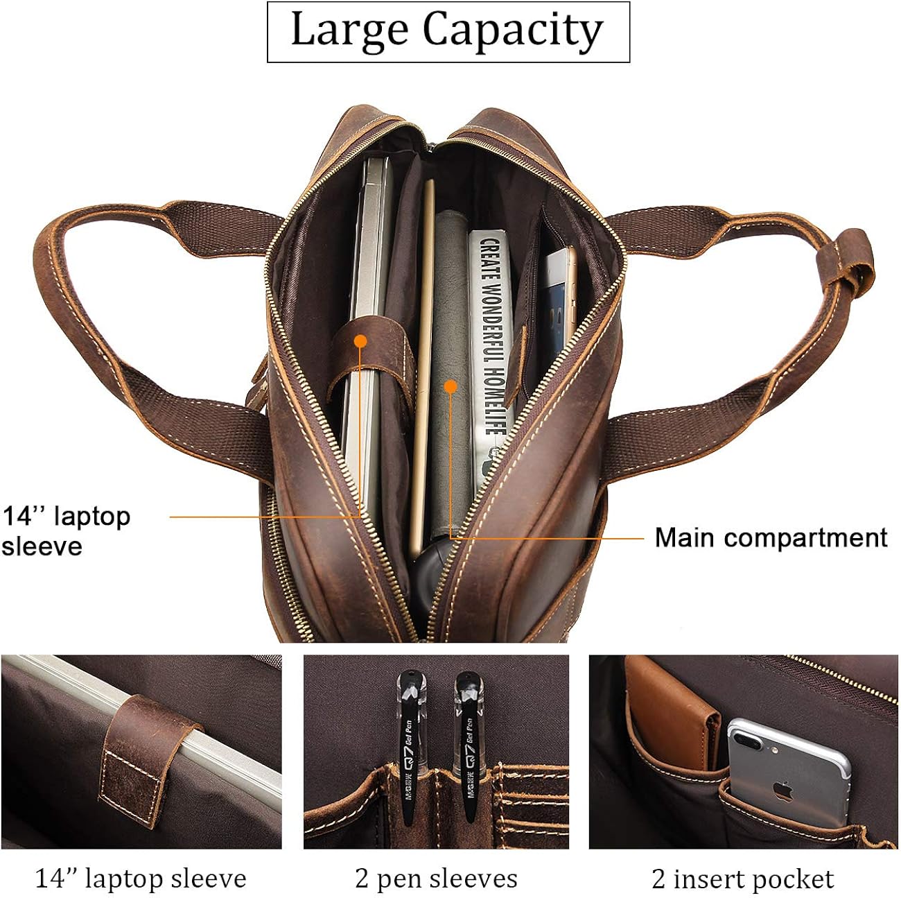  | Augus Leather Messenger Bag for Men Vintage Travel Backpack 15.6 inch laptop Briefcase Shoulder Bags With YKK Metal Zipper | Briefcases