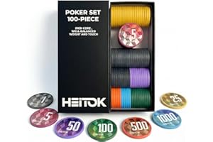 HEITOK 100 Piece Poker Chips Set 11.5g Heavyweight Casino Style Numbered Chips with Denominations for Texas Holdem Blackjack 