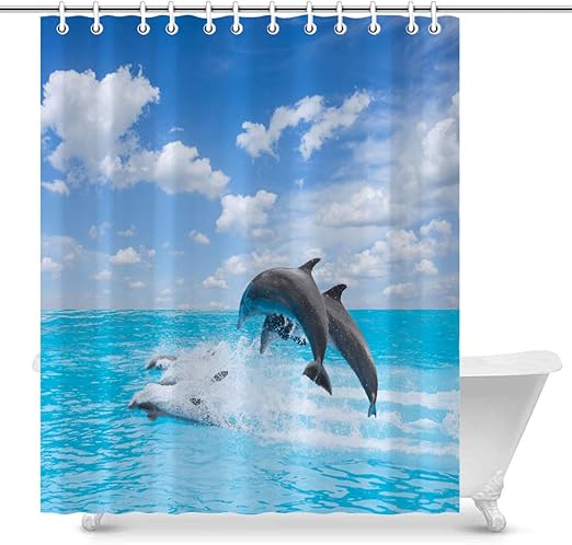 Amazon Com Vikes Dolphin Shower Curtain Pack Of Jumping Dolphins In Blue Ocean Bathroom Decor Polyester Fabric Bath Shower Curtain 66wx72l Home Kitchen