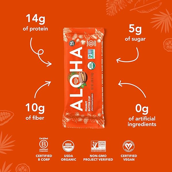 ALOHA ORGANIC PLANT BASED PROTEIN BARS – PEANUT BUTTER CUP BAR – 12 BARS, VEGAN, LOW SUGAR, GLUTEN-FREE, LOW CARB, NON-GMO, NO STEVIA, NO ERYTHRITOL