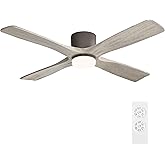 WINGBO 54 Inch Flush Mount DC Ceiling Fan with Lights and Remote, 4 Reversible Carved Wood Blades, 6-Speed Noiseless DC Motor, Hugger Ceiling Fans in Graphite Finish with Barn Wood Blades