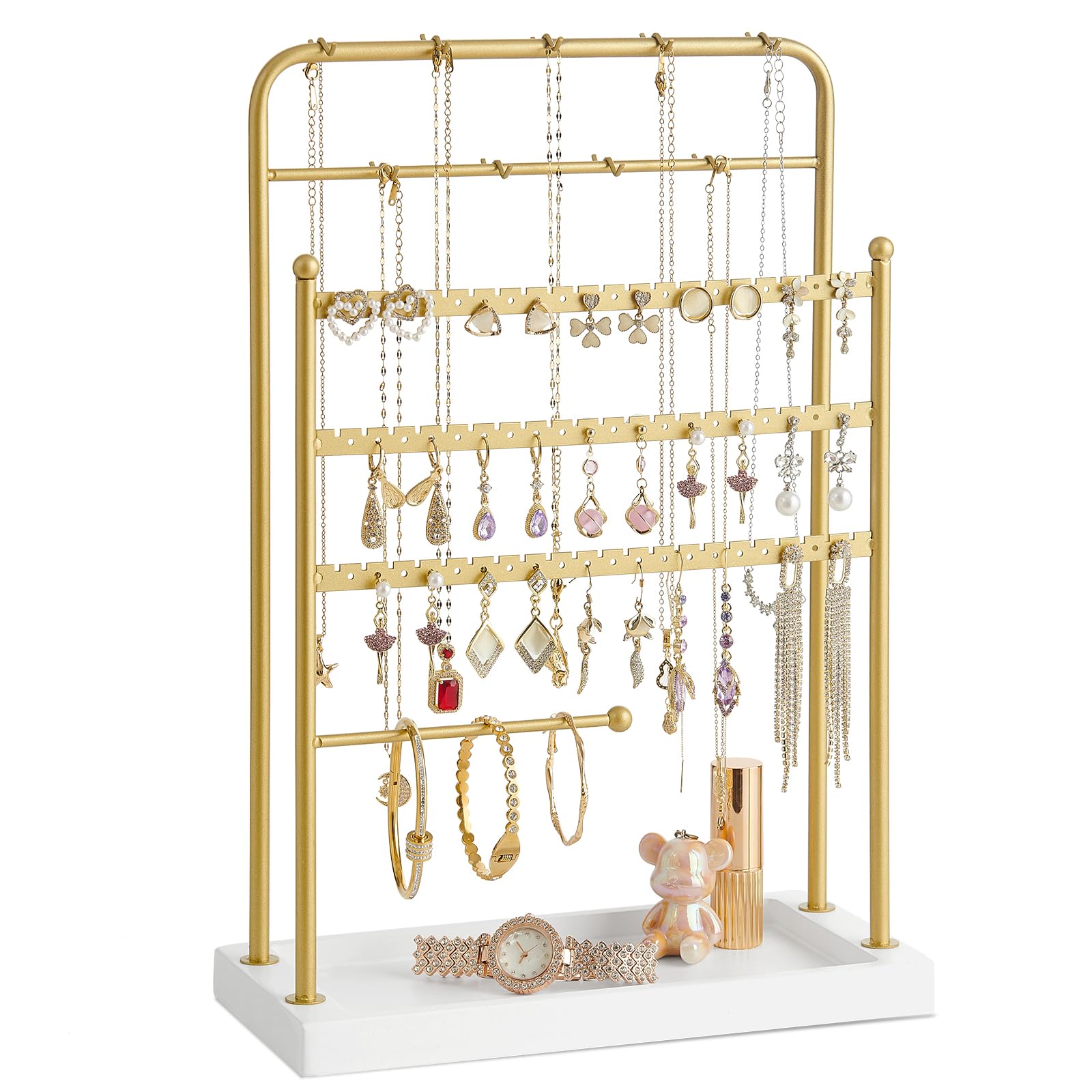 Photo 1 of Poyilooo Jewelry Holder, Earring Organizer Holder Wood Jewelry Organizer and Storage, Jewelry Stand for Necklace Earring Keychains Bracelet Studs, Rings Display, Christmas Gifts (White&gold)