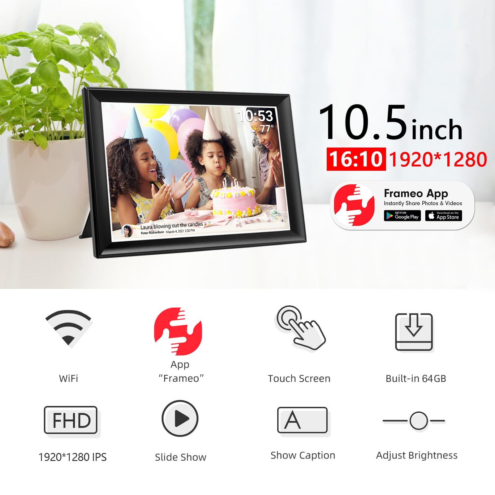 64GB FRAMEO 10.5 Inch Smart WiFi Digital Photo Frame 1920x1280 FHD IPS LCD Touch Screen, Auto-Rotate, 64GB Storage, Support SD Card & USB Drive, Share Moments Instantly via Frameo App from Anywhere