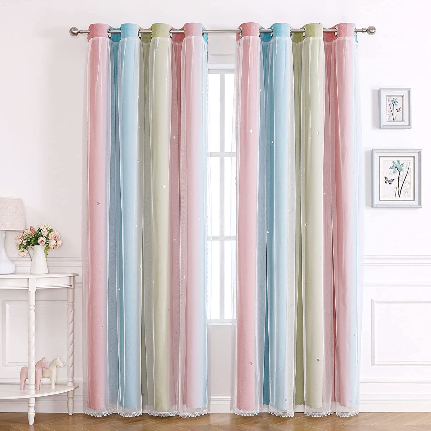 Blackout Curtains for Bedroom Living Room Kids Nursery Girls,Net Curtains for Windows,2 Panel 46 x 54 inch Drop Soundproof Black Out Curtains Eyelet Voile Curtain Thermal Lined Pink Green