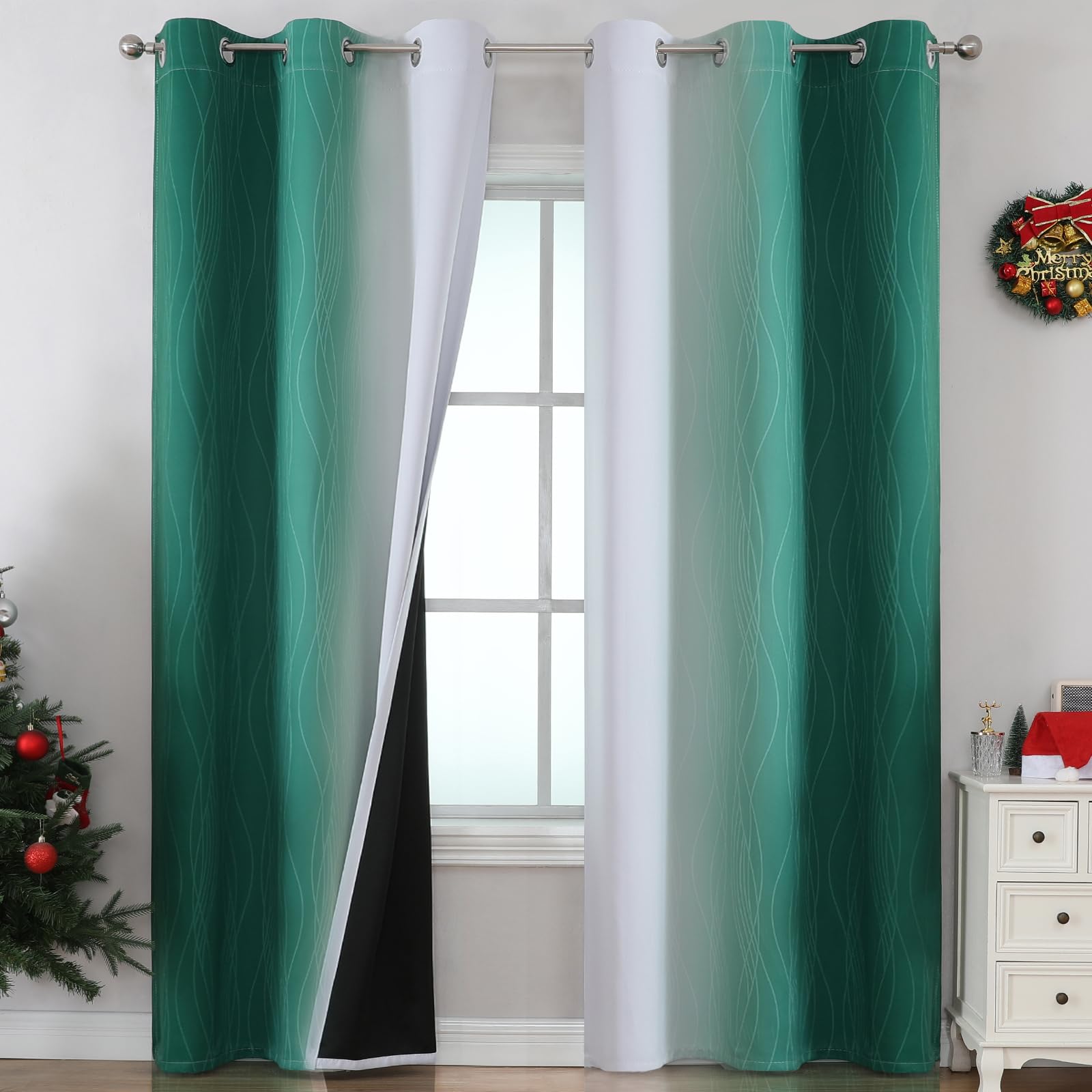 VEHEDE Ombre Wave Printed Blackout Curtains 84 Inch Drop for Bedroom, Dark Green and Greyish White Gradient Thermal Insulated Home Decorative Window Drapes for Living Room, W42 x L84 Inch, 2 Pieces