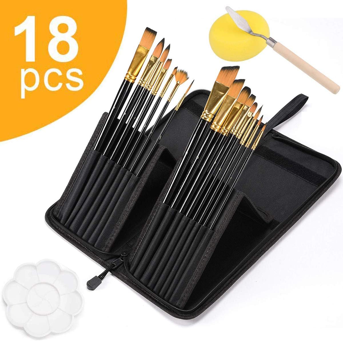 Paint Brushes Set, 15 Different Sizes Art Paintbrushes with Free Mixing Tray, Palette Knife, Paint Sponge and Pop-up Carrying Case for Watercolor, Acrylic, Oil Painting