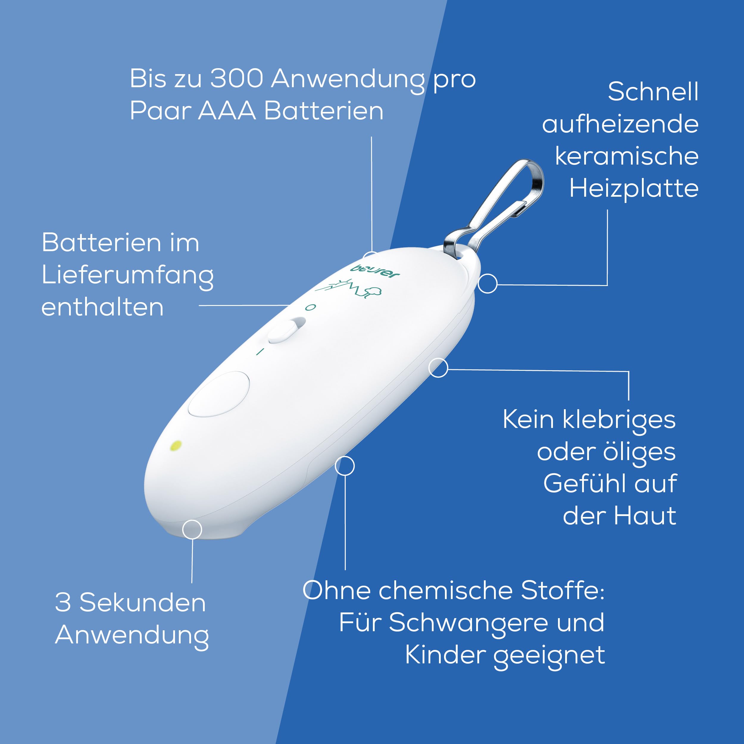 Beurer BiteX Travel Insektenstichheiler BR 10, zur Behandlung von Insektenstichen und -bissen, Stichheiler gegen Juckreiz, kleiner Wärmestift mit Karabinerhaken, Reise-Gadget 6