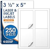3 1/2" X 5" Matte White Printable Labels for Inkjet and Laser Printers - 250 Sheets, 1000 Custom Stickers for Shipping Labels, Address Stickers, Organization - Spartan Industrial Template R016