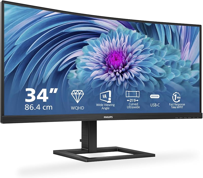 Philips 346E2CUAE 34 inch Curved QHD Monitor USB-C Dock 100Hz 1ms VA Speakers