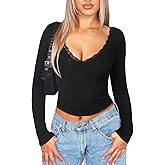 Navneet Women Sexy V Neck Lace Long Sleeve Shirts Crop Top Fall Cute Going Out Tops