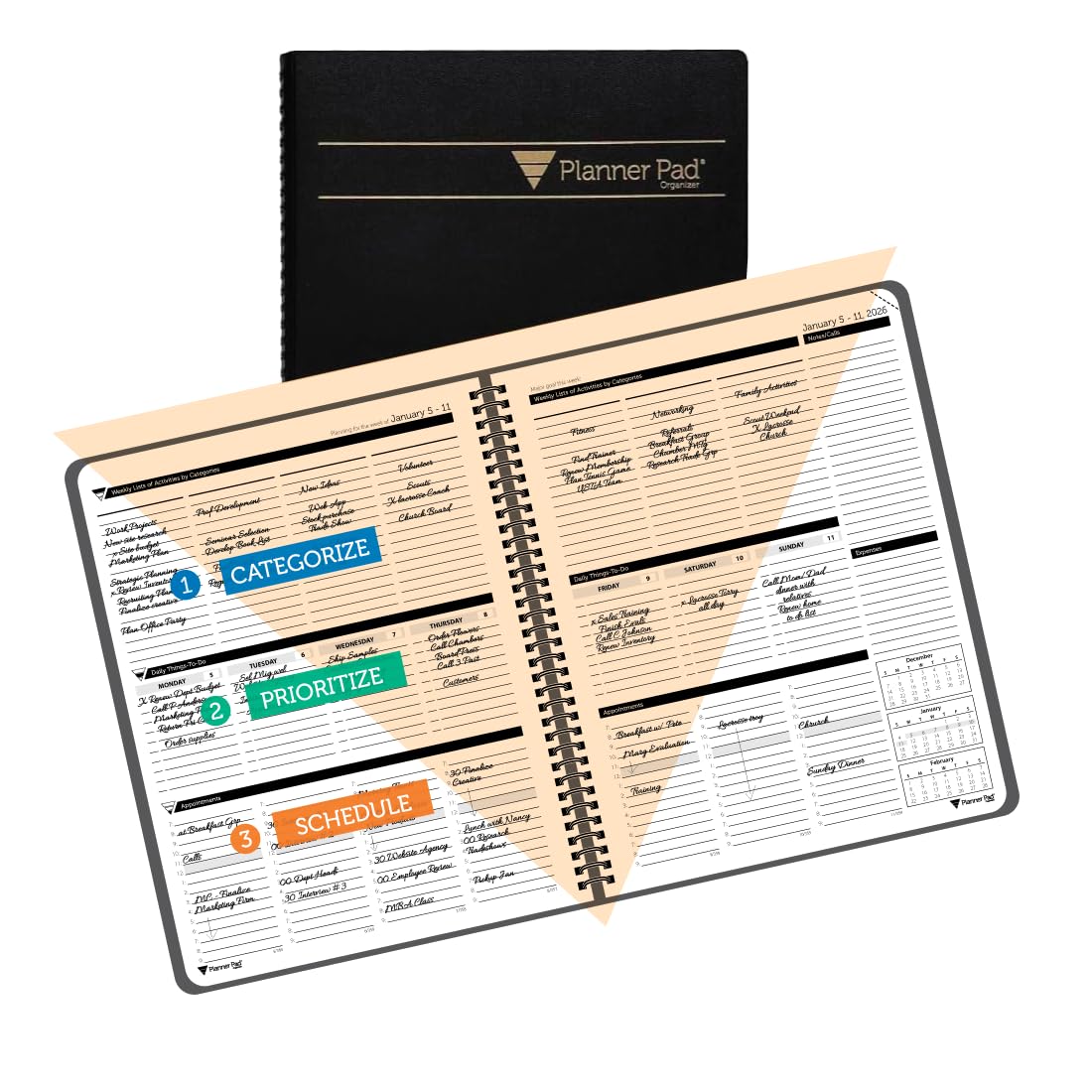 Planner Pad Spiral Bound January-December 2026/ Calendar Year 8 1/2" x 11" Large 3-Tier Funnel Down 12 Month Organizer, Black Cover/Black Ink Image